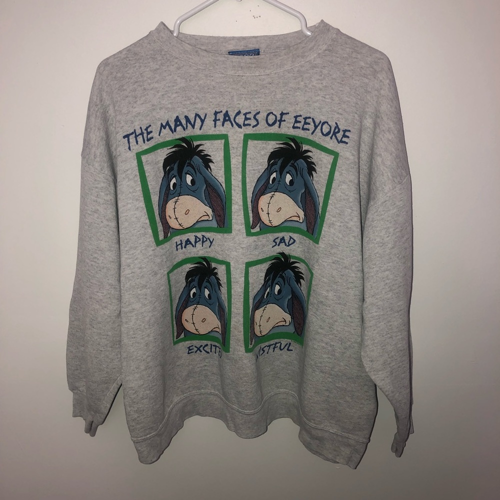 Disney Gray Eeyore Crewneck Sweatshirt with Blue and Green Graphics
